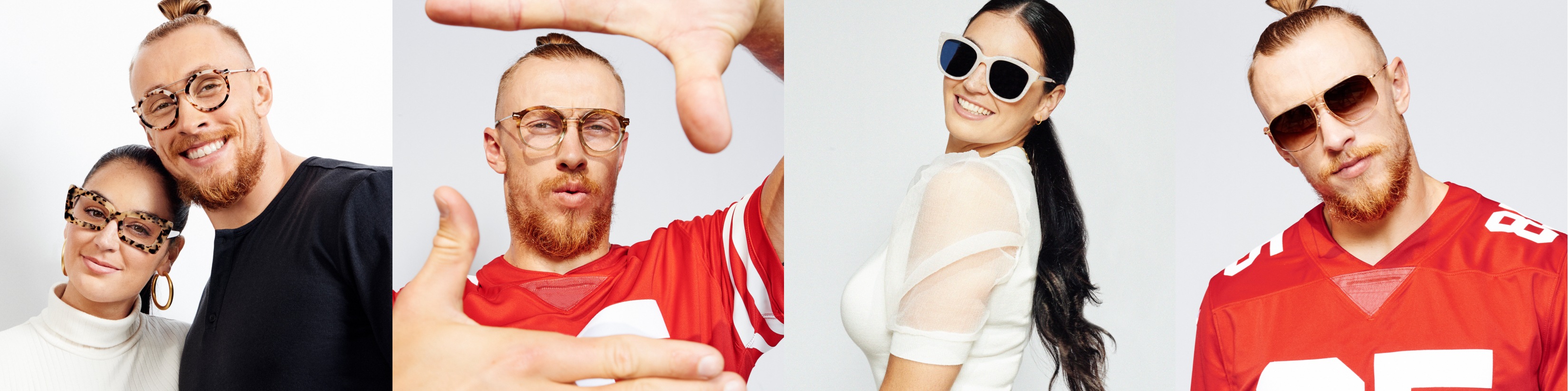 Four images in order: Image of Claire and George Kittle wearing Zenni lettey cat-eye glasses #4449335 and Zenni the people’s frames round glasses #7826135 respectively, against a white background. Image of George Kittle wearing Zenni the people’s frames round glasses #7826125 while framing the photo with both of his thumbs and forefingers. Image of Claire Kittle wearing Zenni stone cold glasses #7827025 against a white background. Image of George Kittle wearing Zenni Hayden premium aviator sunglasses #1129914, against a white background.