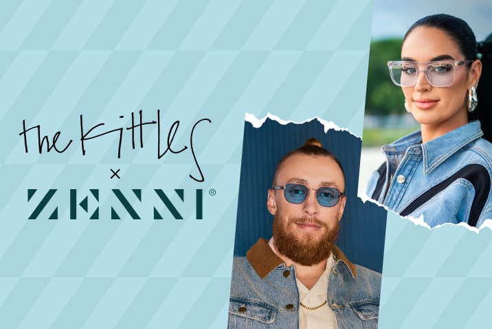 Split banner featuring the Kittles × Zenni logo with portraits of George in blue lens sunglasses and a Claire in oversized clear glasses, both wearing denim.