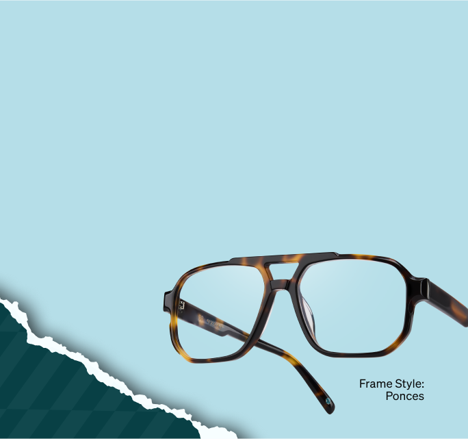 Tortoiseshell aviator glasses on a light blue background with a torn dark teal corner.