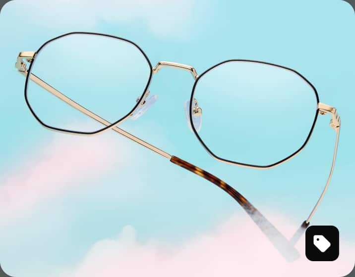Black and gold metal geometric glasses with tortoiseshell temples. Background of blue sky with fluffy clouds.