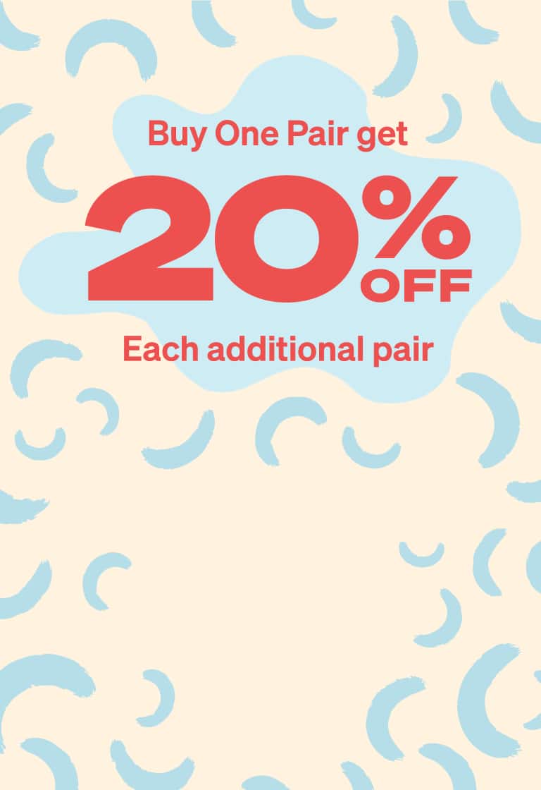 A promotional graphic with a cream and light blue patterned background announces: 'Buy One Pair get 20% OFF Each additional pair' in bold red.