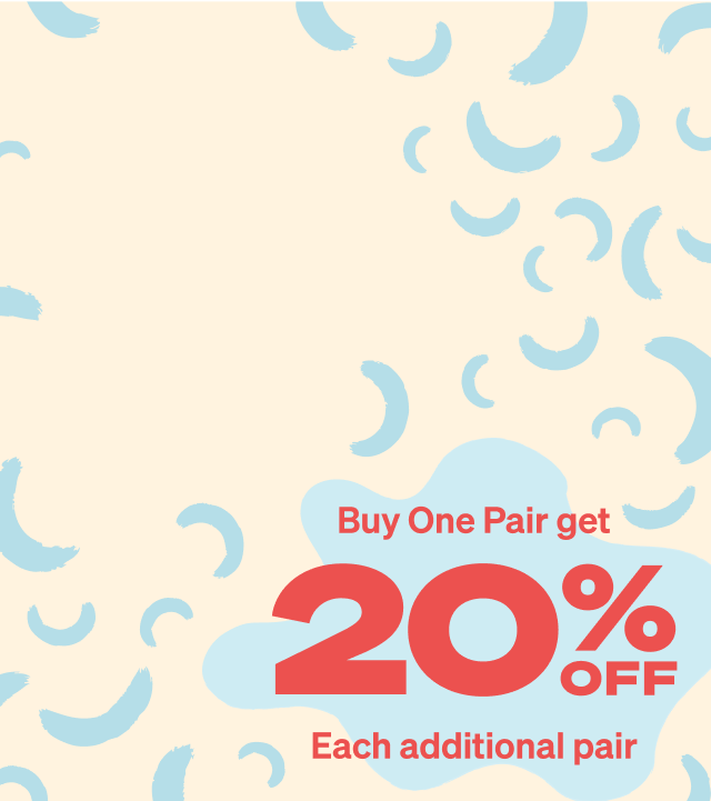 A promotional graphic with a cream and light blue patterned background announces: 'Buy One Pair get 20% OFF Each additional pair' in bold red.