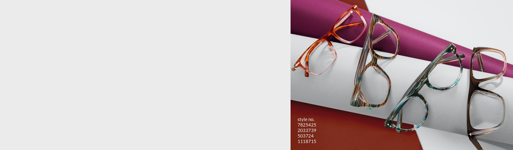 Image of four pairs of glasses arranged on a white tube, Zenni rectangle glasses #7825425, Zenni cat-eye glasses #2033739, Zenni round magnetic snap-on set #503724, and Zenni flat top glasses #1118715, against a white, coral, and fuchsia background.
