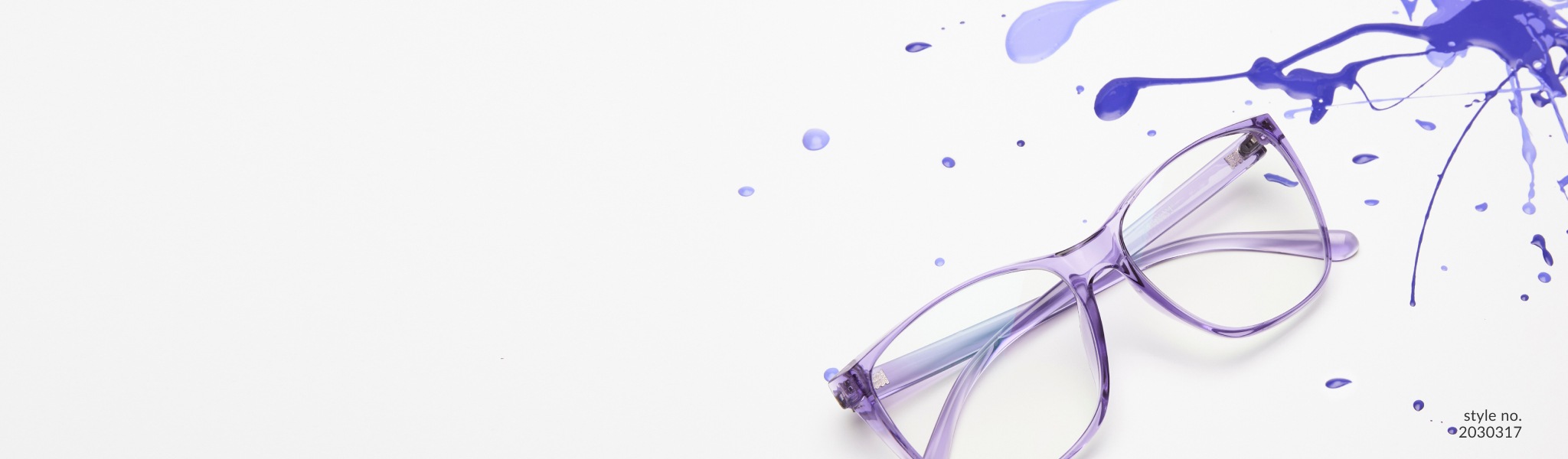 Image of Zenni square glasses #2030317 in front of a white background with splattered purple paint in various colors.