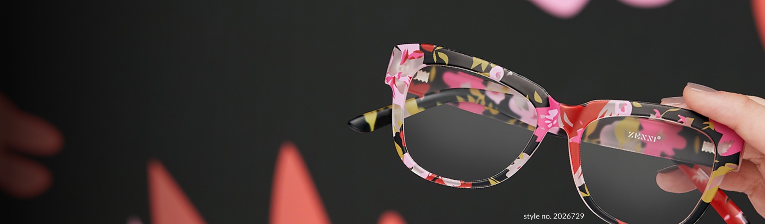 Image of a hand holding Zenni square glasses #2026729, with a floral background.