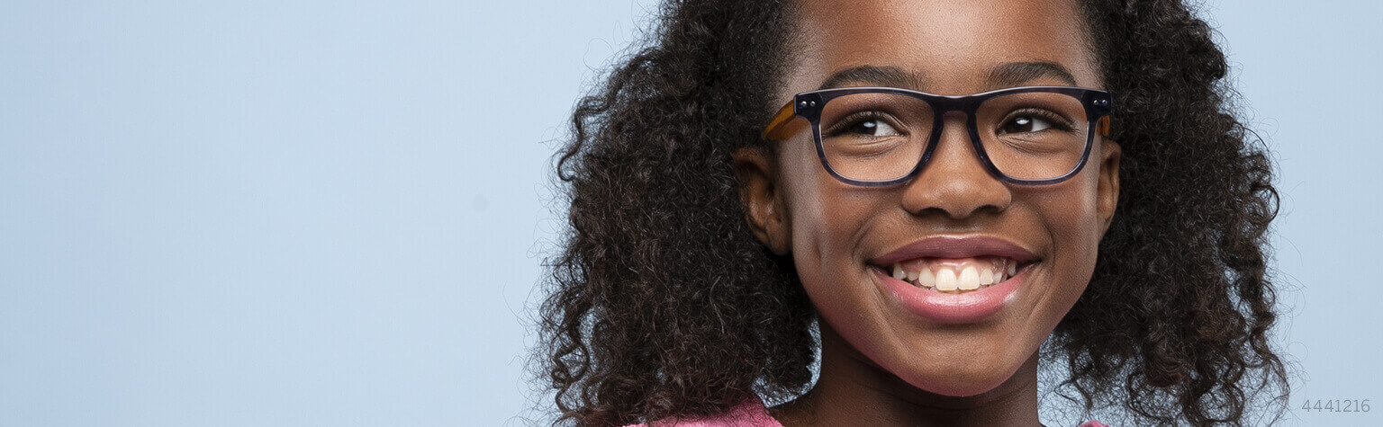 Young girl wears Create kids' square glasses #4441316 in ocean from the Style Squad Collection for kids.
