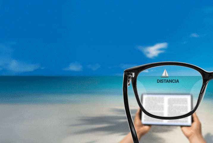 Ilustración de objetivos progresivos Zenni en marcos cuadrados negros. La lente se etiqueta como distancia, intermedio y cercano, con cada palabra alternando entre el enfoque nítido. El fondo muestra manos sosteniendo un libro en una playa con un velero en el horizonte.