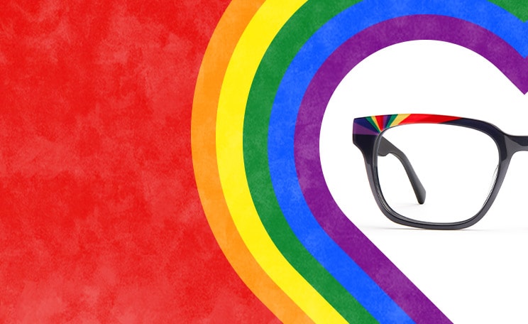 Zenni Pride rainbow square glasses #4439916 on rainbow heart background.