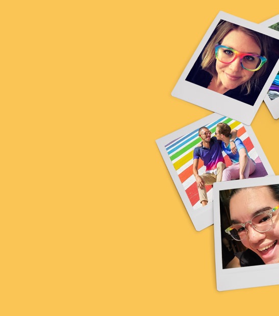 Photos of Zenni customers wearing the Pride rainbow square glasses #2024029.