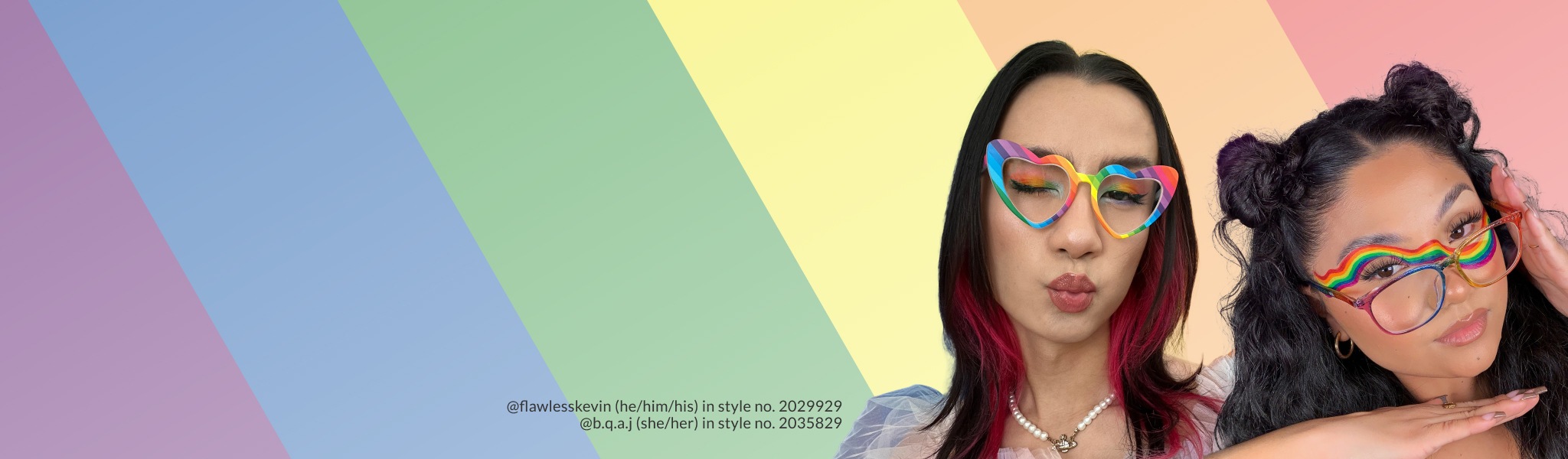 Image of influencers flawlesskevin, b.q.a.j, and maryandpalettes wearing a variety of Zenni rainbow frames against a rainbow background.