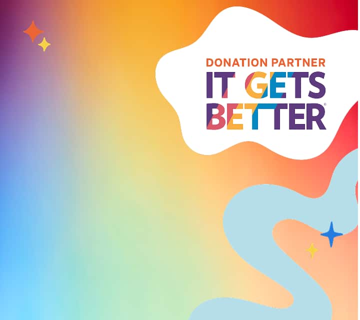 Pride with Purpose message next to It Gets Better logo, supporting LGBTQ+ youth through Pride purchases.