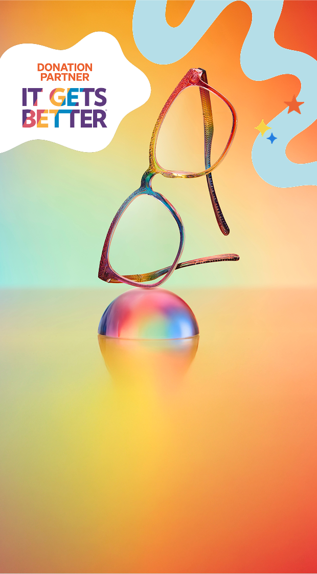 Zenni rainbow glasses on a gradient backdrop with disco ball and abstract waves,and “Show Your Pride” message about donating 100% of proceeds It Gets Better.