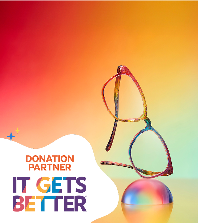 Zenni rainbow frames on a gradient orange background with message supporting LGBTQ+ youth and It Gets Better logo.