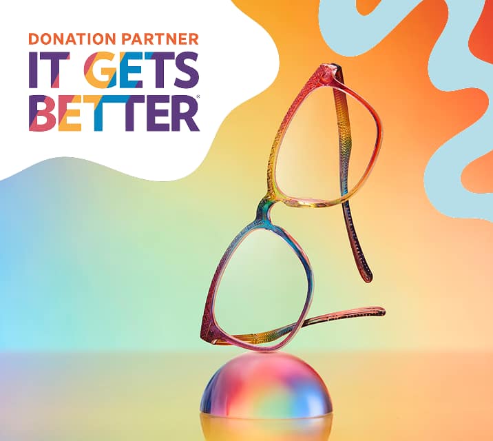 A pair of rainbow-colored glasses balanced on a reflective sphere with a background that reads 'Donation Partner It Gets Better'.