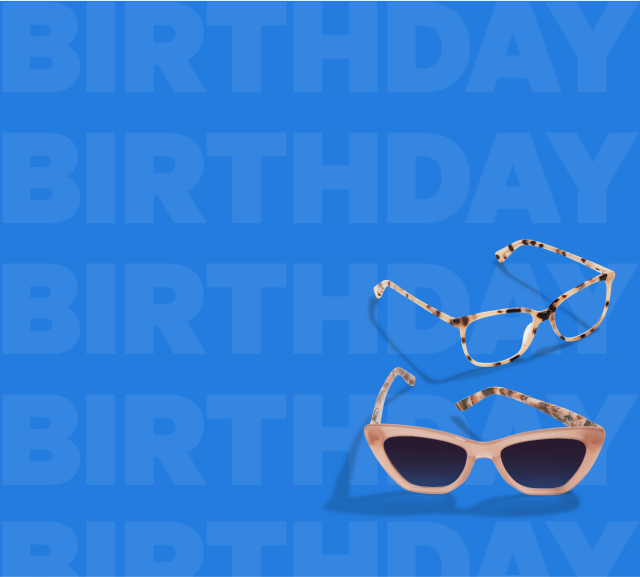 Image of several Zenni frames on a background with ‘BIRTHDAY’ printed all over.