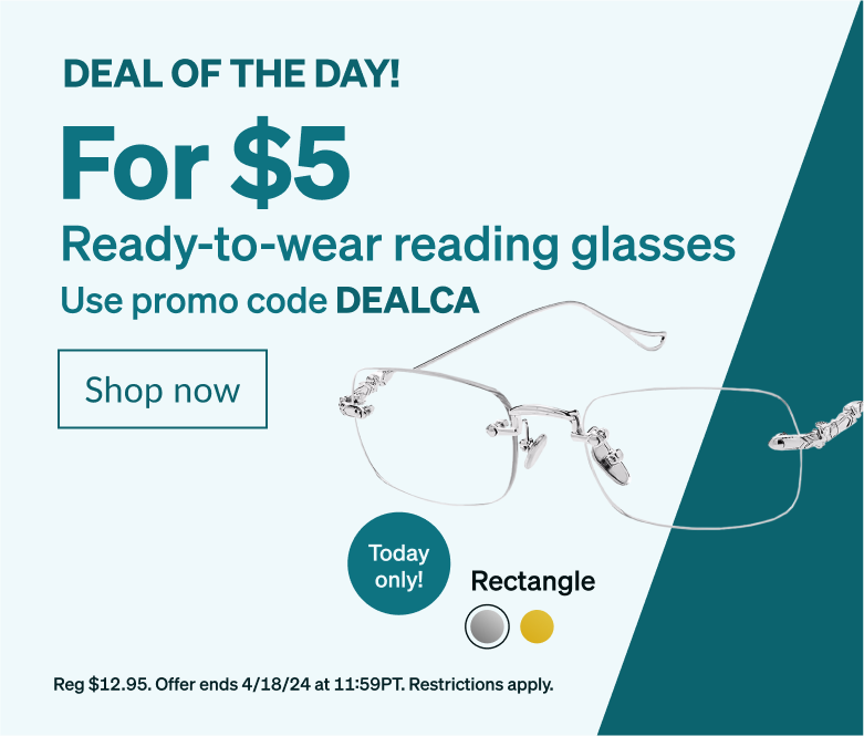 DEAL OF THE DAY! For $5 Ready-to-wear reading glasses Use promo code DEALCA. Ultra lightweight silver rectangle reading glasses with adjustable nose pads and soft plastic temple tips on a white background.