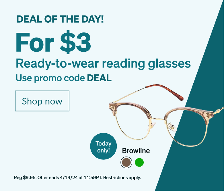 DEAL OF THE DAY! For $3 Ready-to-wear reading glasses Use promo code DEAL. Vintage, ultra lightweight brown browline reading glasses with adjustable nose pads and soft plastic temple tips on a white background. 