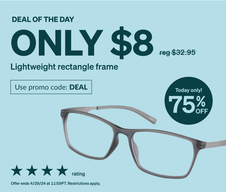 DEAL OF THE DAY! Only $8 lightweight rectangle frame. Use promo code DEAL. Gray TR90 plastic frames featuring ultra-thin temple arms specifically designed to fit under a gaming headset.