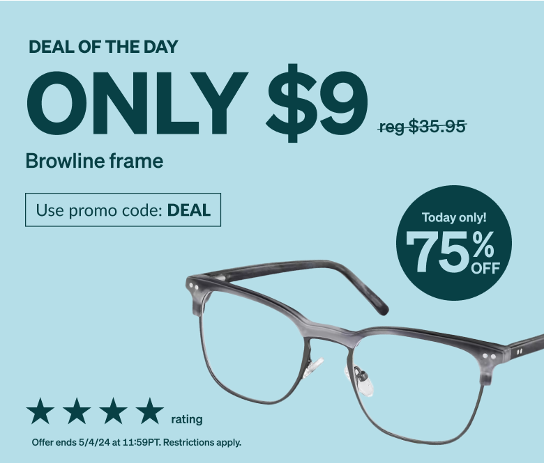 DEAL OF THE DAY! Only $9 browline frame. Use promo code DEAL. Gray square browline glasses made from metal and luxe acetate.