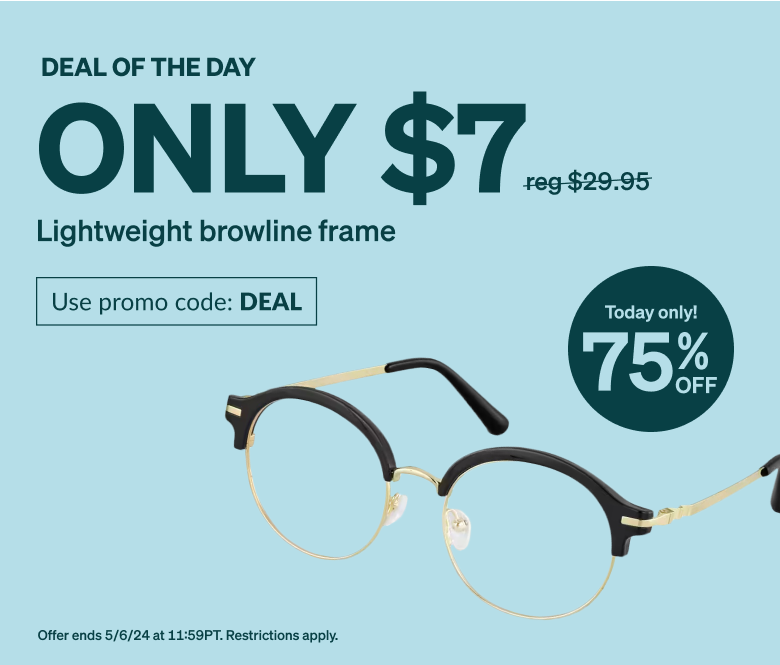 DEAL OF THE DAY! Only $7 lightweight browline frame. Use promo code DEAL. Round browline glasses in gold metal with black upper rims.