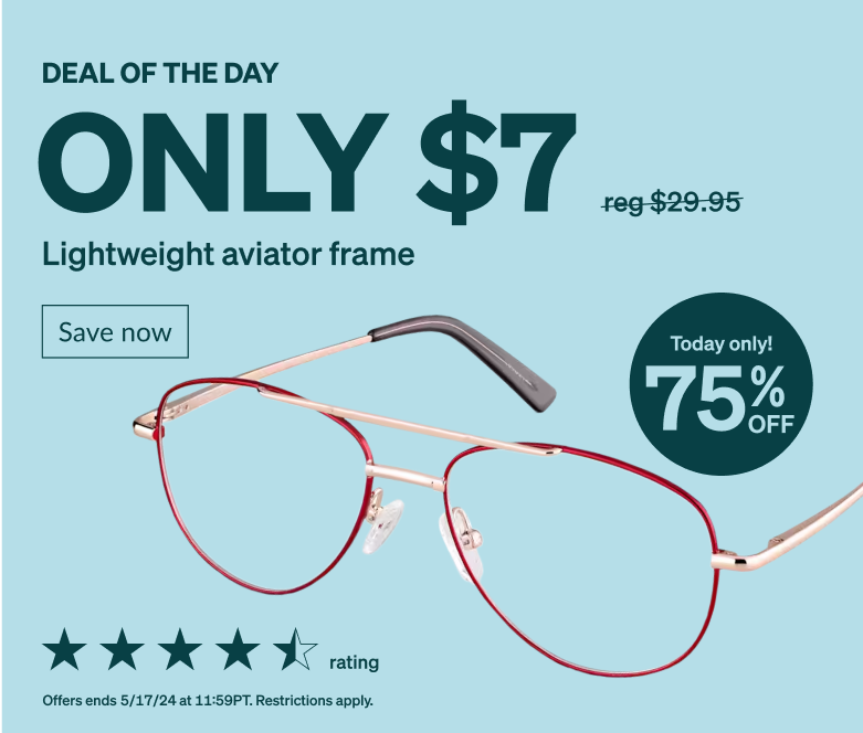 DEAL OF THE DAY! Only $7 lightweight aviator frame. Today only! 75% Off. Full rim aviator glasses with a red stainless steel frame.  