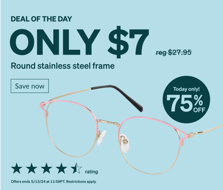 DEAL OF THE DAY! Only $7 round stainless steel frame. Today only! 75% Off. Pink round full rim glasses with a gold metal frame. 