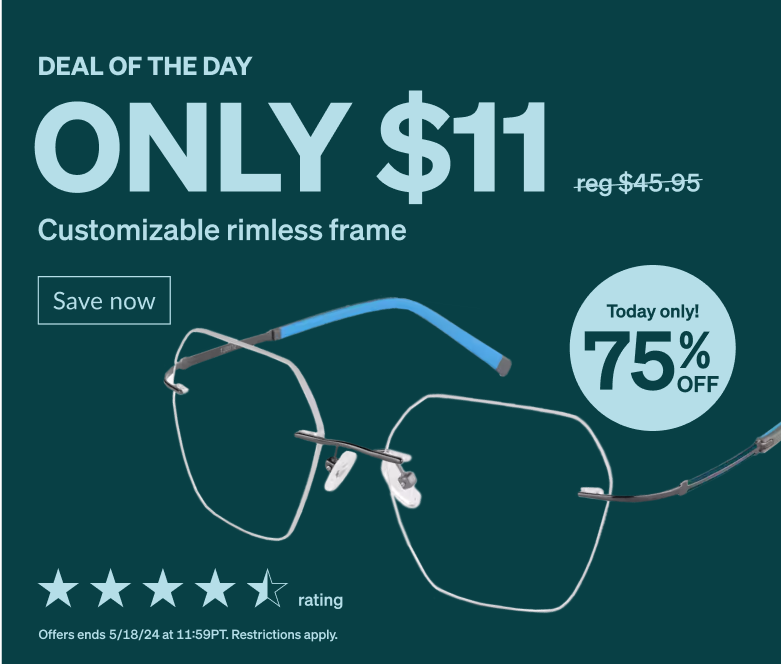 DEAL OF THE DAY! Only $11 customizable rimless frame. Today only! 75% Off. Rimless glasses with geometric shape made from titanium. 