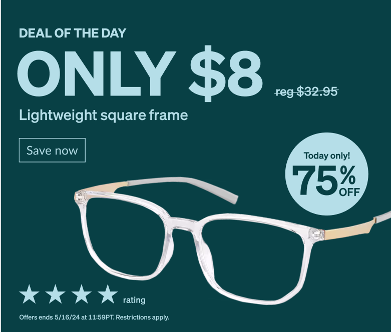 DEAL OF THE DAY! Only $8 lightweight square frame. Today only! 75% Off. Full rim translucent square gaming glasses. 