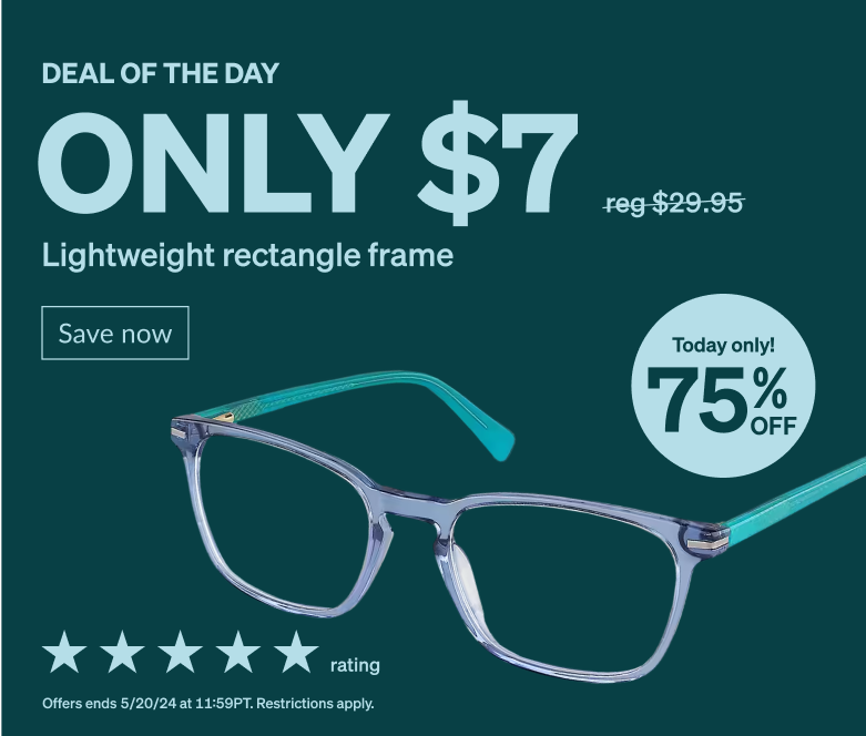 DEAL OF THE DAY! Only $7 lightweight rectangle frame. Today only! 75% Off. Full rim blue glasses with a rectangle frame made from acetate.  