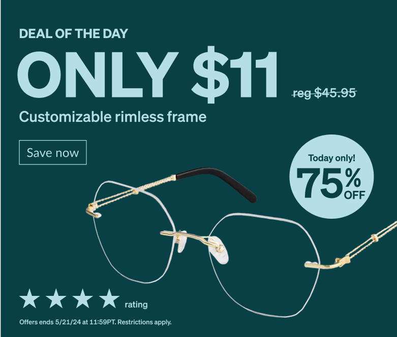 DEAL OF THE DAY! Only $11 customizable rimless frame. Today only! 75% Off. Rimless glasses with geometric shape made from gold titanium.    