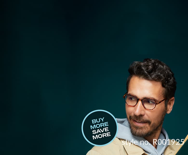 Buy more save more. A man in brown jacket wearing Zenni tortoiseshell reader glasses.