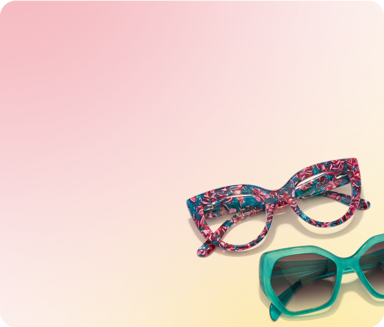Floral cat-eye glasses and teal geometric sunglasses on a pink to yellow gradient background.