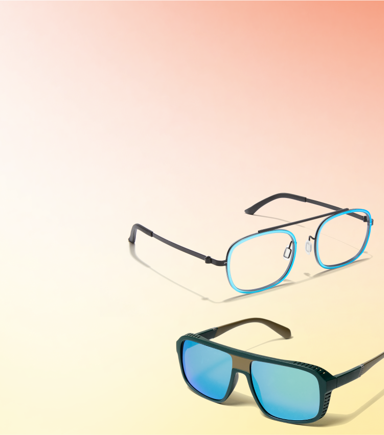Blue rectangle frame and black aviator sunglasses with blue mirror tints, on a peach to yellow gradient background.