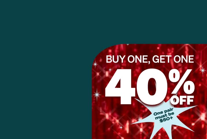 A promotional banner displays the text ‘Buy One, Get One 40% Off’ against a shimmering red background with starburst highlights. A light blue star shape on the right includes small text reading ‘One pair must be $50+’