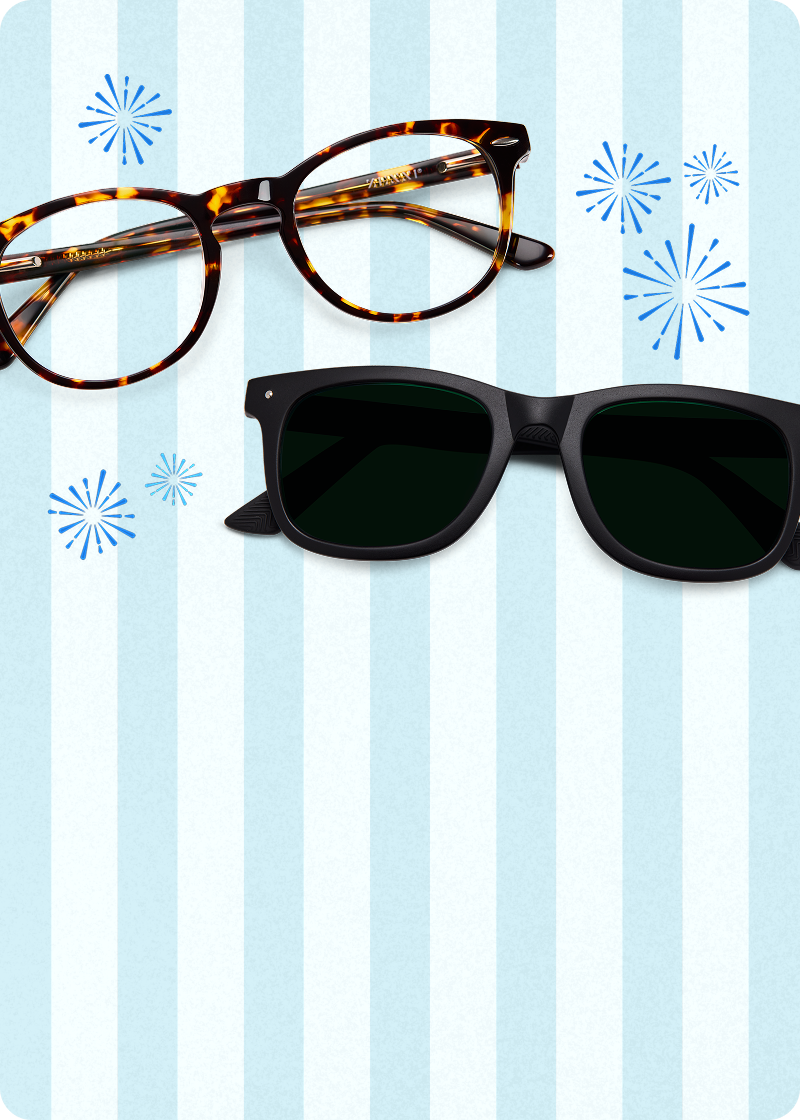 A pair of round tortoiseshell glasses, a pair of black and gold browline glasses, and a pair of black square sunglasses, surrounded by fireworks burst illustrations, on a light blue striped background.