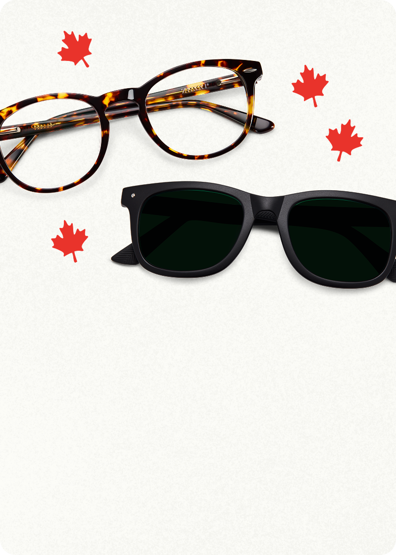 A pair of round tortoiseshell glasses, a pair of black and gold browline glasses, and a pair of black square sunglasses, surrounded by small red maple leaves on a cream background.