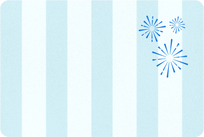 A pair of round tortoiseshell glasses, a pair of black and gold browline glasses, and a pair of black square sunglasses, surrounded by fireworks burst illustrations, on a light blue striped background.