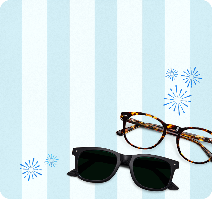 A pair of round tortoiseshell glasses and a pair of black square sunglasses, surrounded by fireworks burst illustrations, on a light blue striped background.