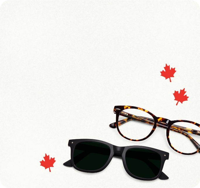 A pair of round tortoiseshell glasses and a pair of black square sunglasses, surrounded by small red maple leaves on a cream background.
