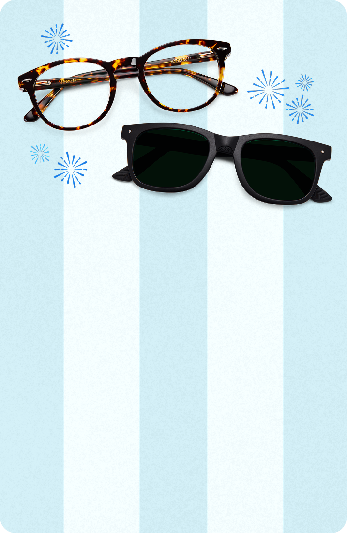 A pair of round tortoiseshell glasses, a pair of black and gold browline glasses, and a pair of black square sunglasses, surrounded by fireworks burst illustrations, on a light blue striped background.
