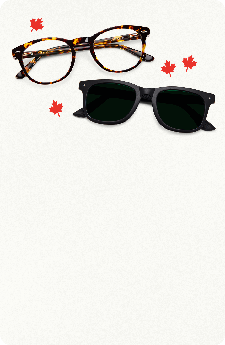A pair of round tortoiseshell glasses, a pair of black and gold browline glasses, and a pair of black square sunglasses, surrounded by small red maple leaves on a cream background.