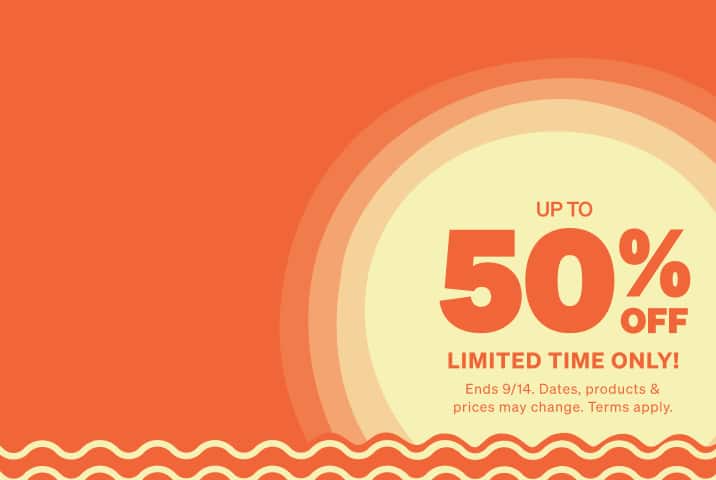 Bright orange graphic with bold text reading 'Up to 50% off, limited time only,' inside a yellow circular design with wavy orange border. Restrictions apply