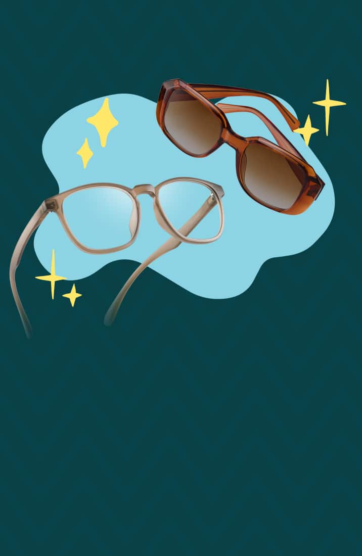 Beige square eyeglasses and translucent brown oversized sunglasses floating over a light blue graphic shape with yellow sparkle accents on a dark green chevron background.