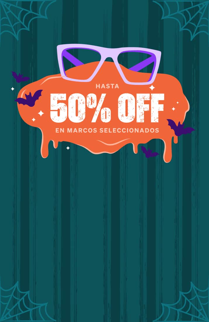 Un par de lentes Zenni cuadrados morados sobre una gota de slime naranja rodeada de murciélagos. Texto adicional: Hasta 50% de descuento en estilos seleccionados. El fondo es azul petróleo oscuro con telarañas en las esquinas.
