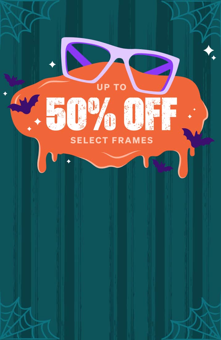 A pair of square purple Zenni glasses on top of a blob of orange slime surrounded by bats. Additional text: Up to 50% Off Select Frames. Background is dark teal with spiderwebs in the corners.