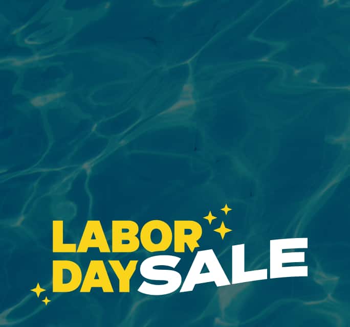 Labor Day Sale in wavy all-caps white and yellow type over dark teal pool water.