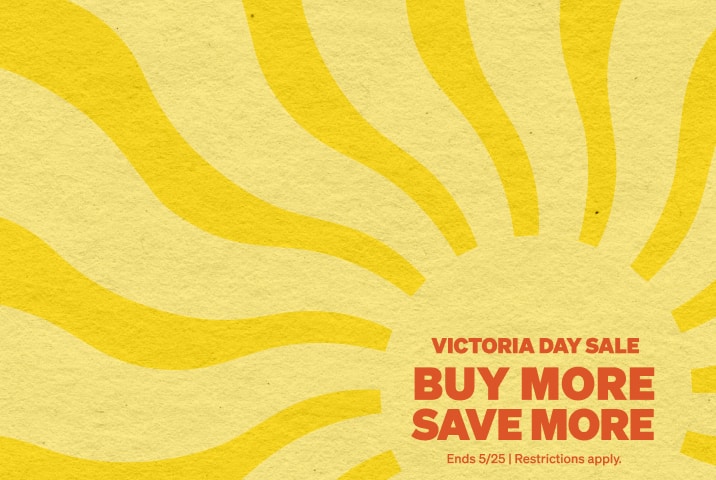A yellow banner with a textured sun motif for a Victoria Day Sale, featuring the text 'Buy More Save More' in bold orange, ending May 25th.
