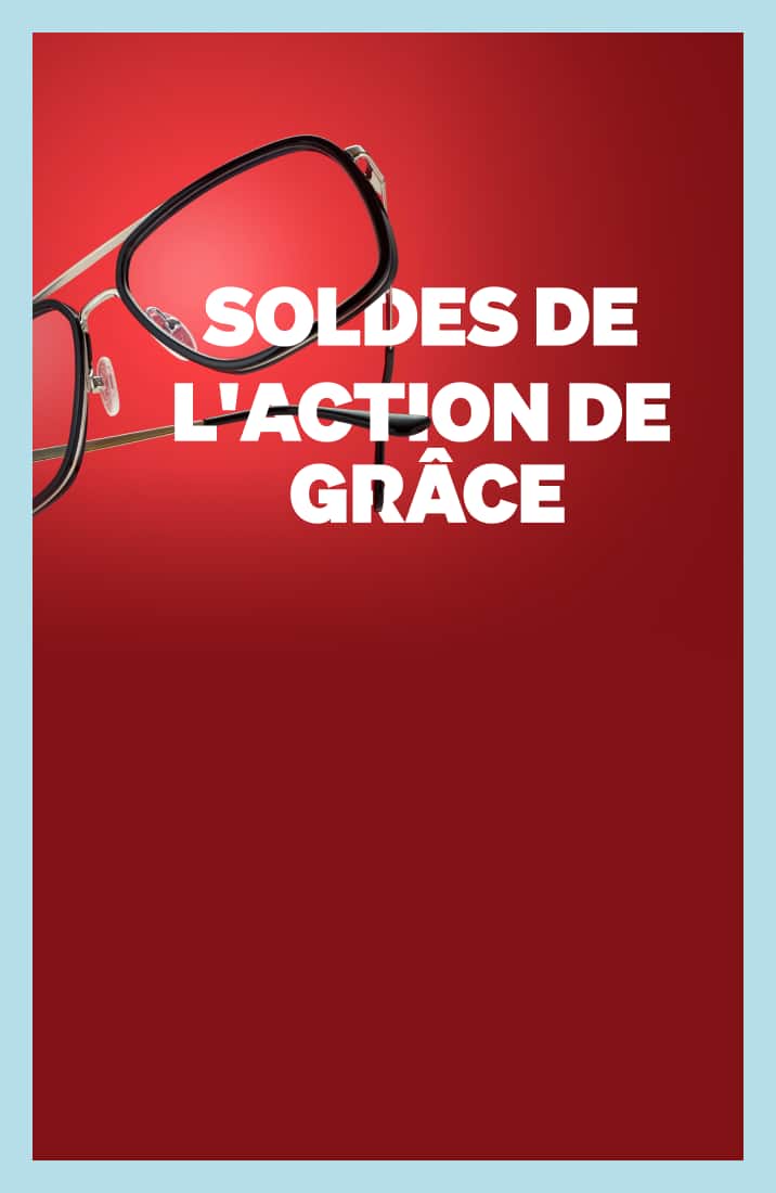 Lunettes aviateur noires et dorées flottant au-dessus d'un texte blanc en gras lisant « SOLDES DE L'ACTION DE GRÂCE » sur fond rouge vif.