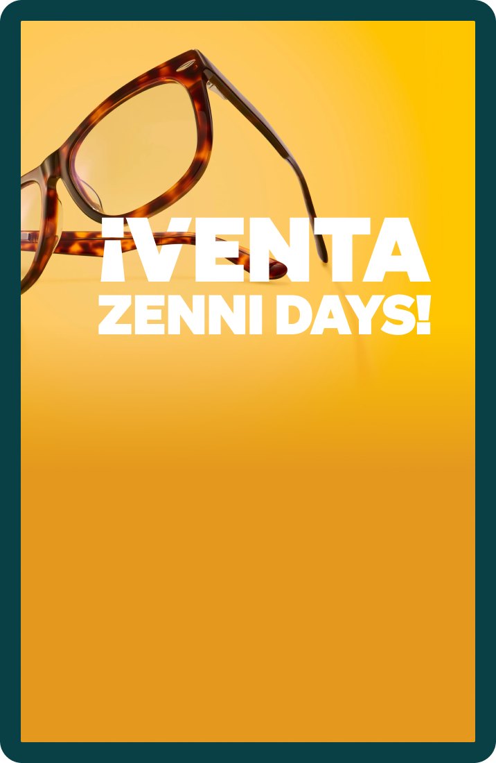Lentes en carey flotando sobre un texto blanco en negrita que dice "¡VENTA ZENNI DAYS!" sobre un fondo amarillo vibrante.