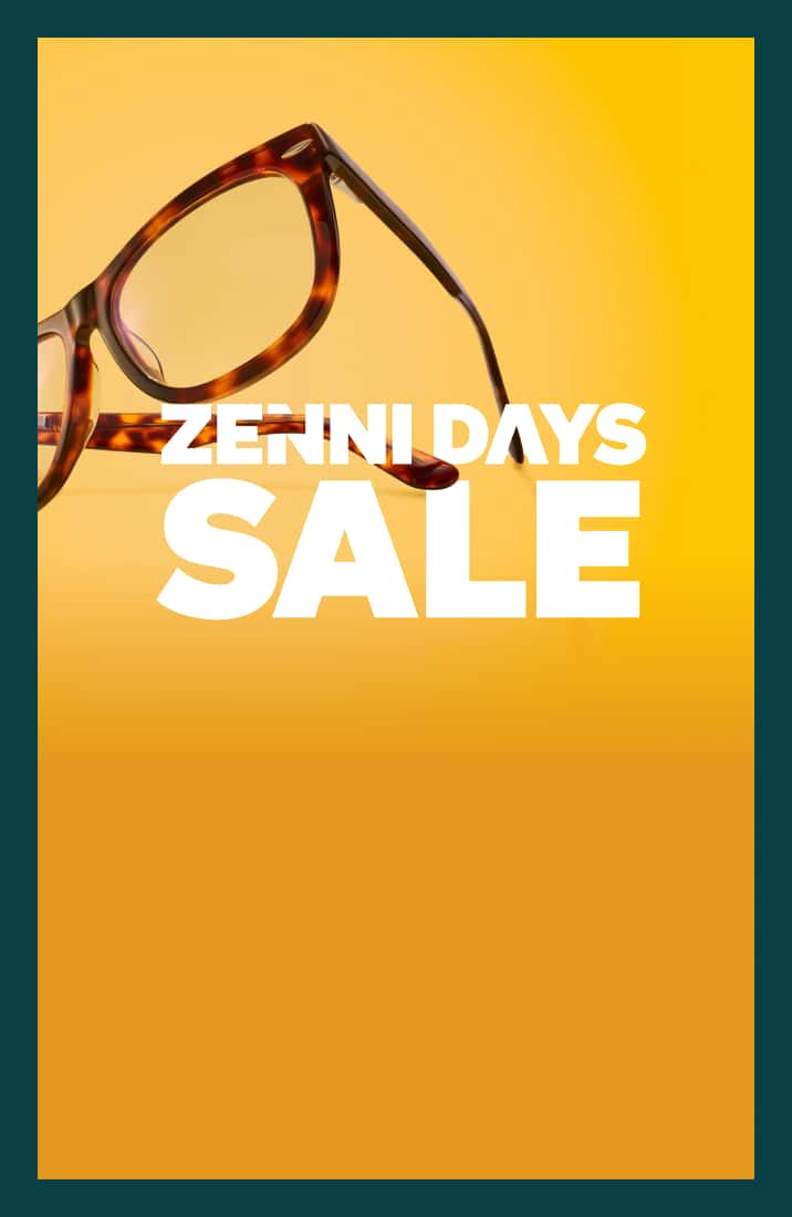 Tortoiseshell eyeglasses floating above bold white text reading "ZENNI DAYS SALE" against a vibrant yellow background.